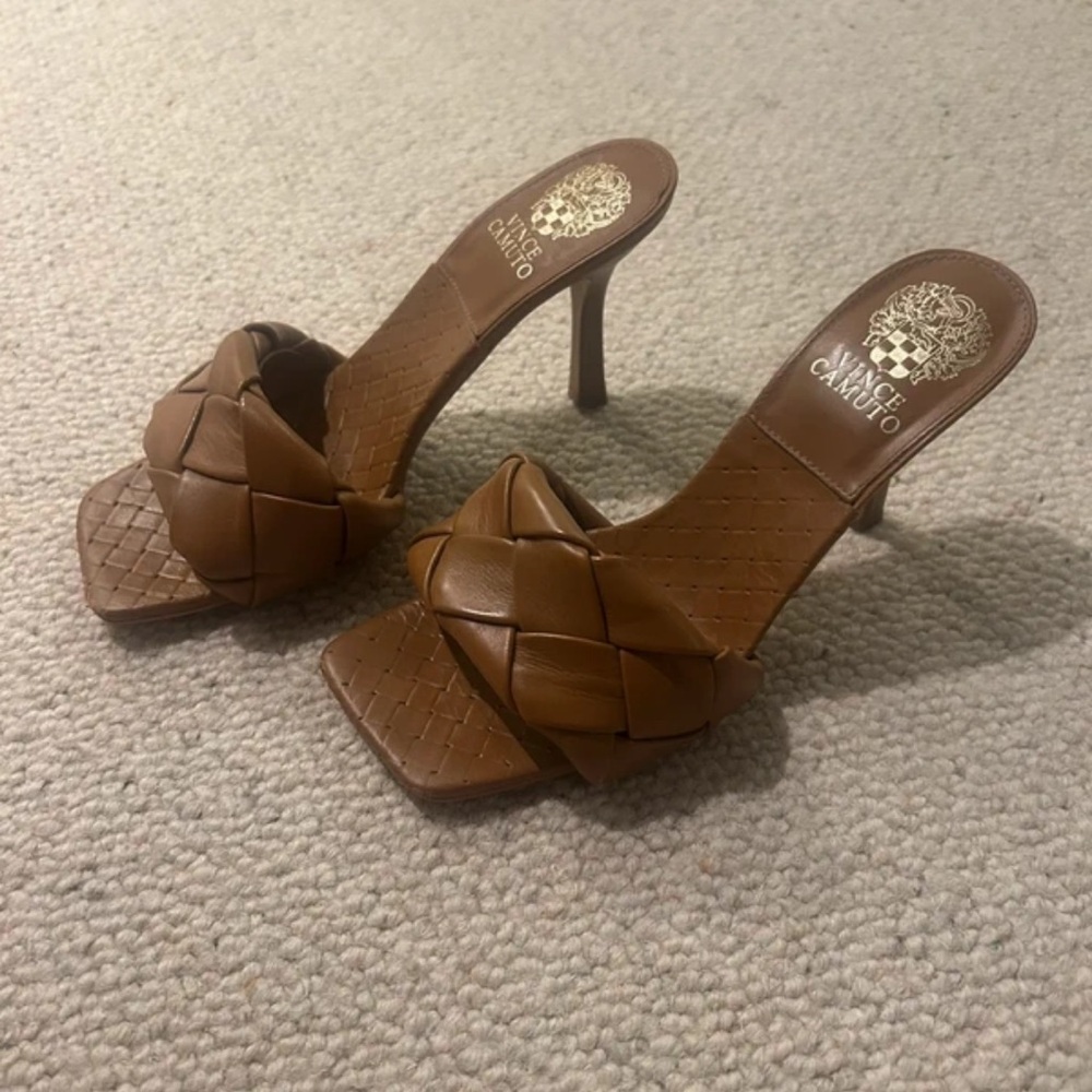 Vince Camuto Tan Woven Heeled Mules